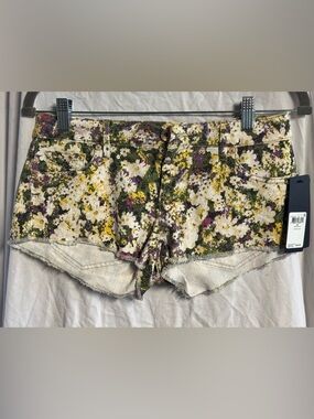 Guess Floral Print Frayed Hem Women's Jean Shorts - White/Green/Purple